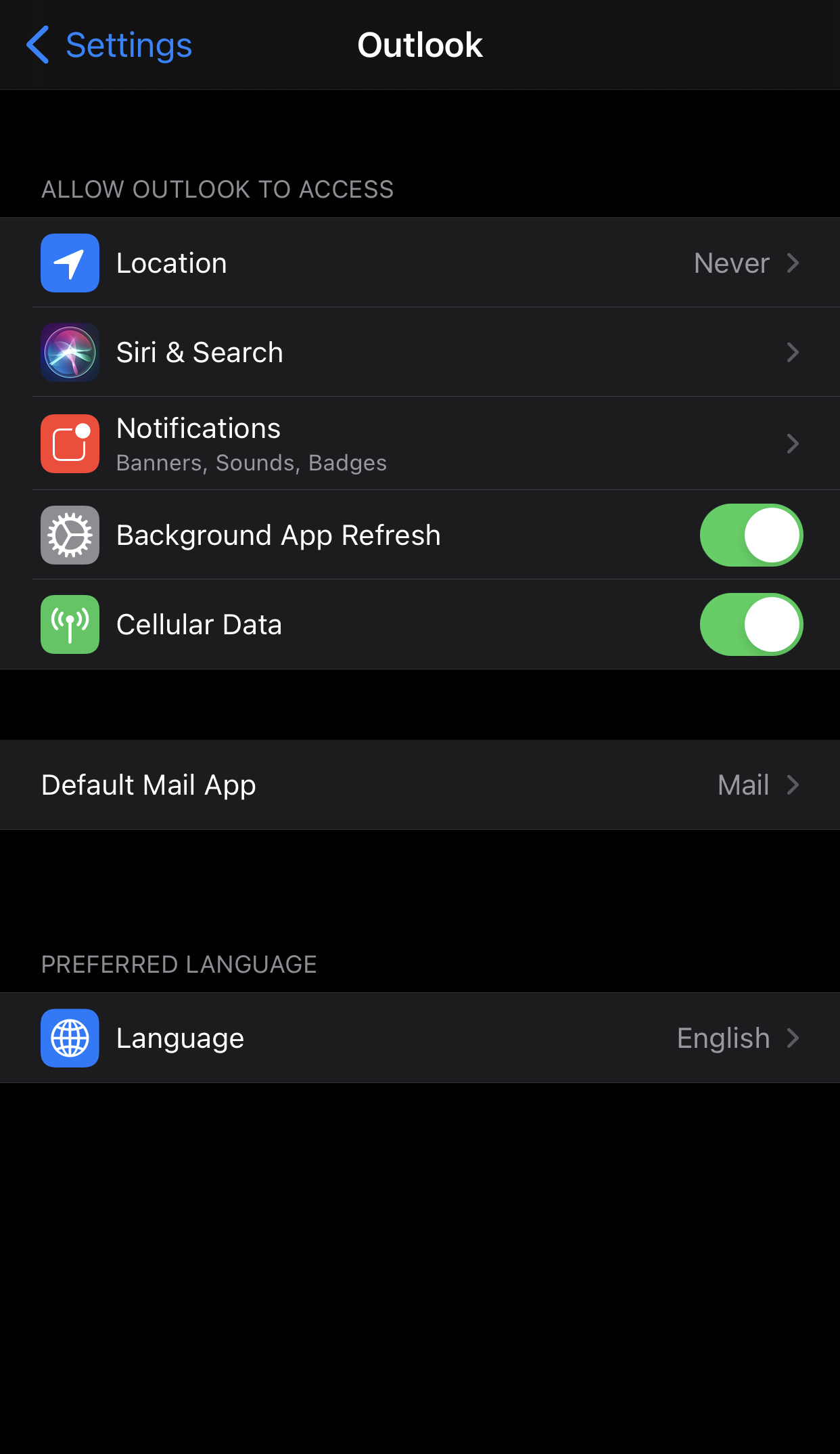 The mail permissions screen. The "Default Mail App" option is below the "Cellular Data" switch and above the "Preferred Language" option.