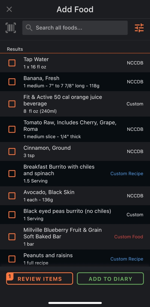 The interface for adding food to your diary.  There's a search bar up top with a scan barcode button to the left and a list settings menu to the right.  Below that are the search results or recently added food.  