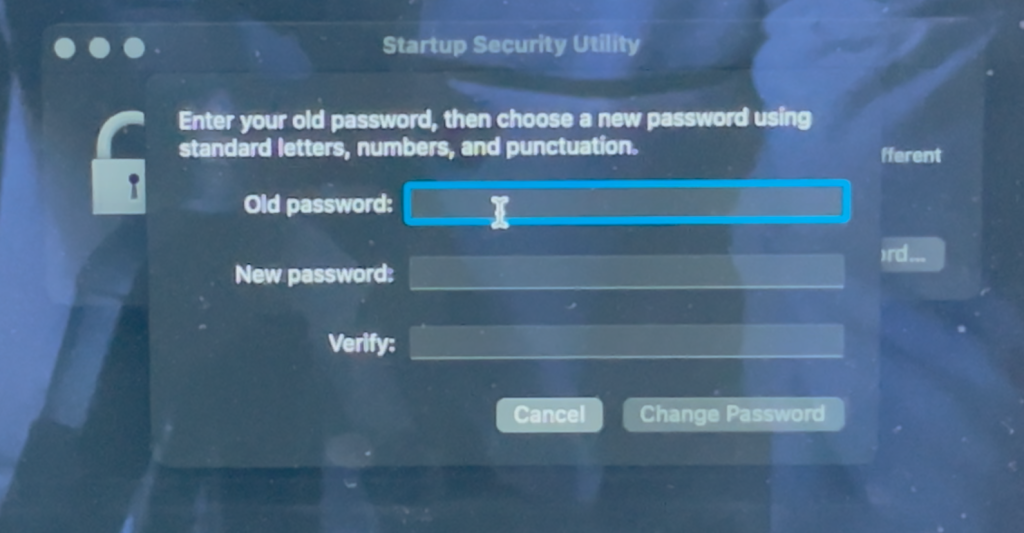The change password dialog box with "Old Password", "New Password", and "Verify" password boxes.  