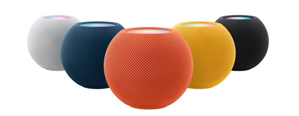 The new HomePod mini colors.  Orange in the center, with blue and white to its left, and yellow and black to the right.