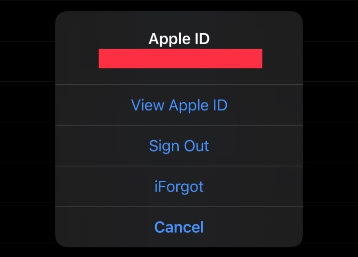 The Apple ID menu with the options “View Apple ID” at the top, “Sign Out” second, “iForgot” third, and “Cancel” last