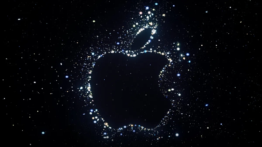 The Apple Far Out Event banner - the Apple logo outlined by stars in the night sky