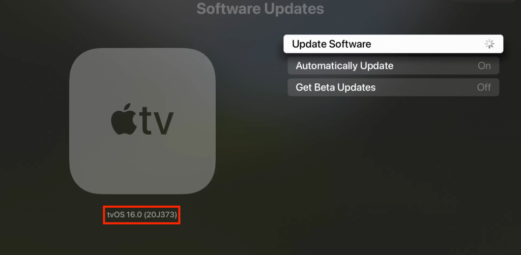 The Update Software menu.  The "Update Software" button is highlighted at the top, and a red box outlines the tvOS version in the bottom left corner.