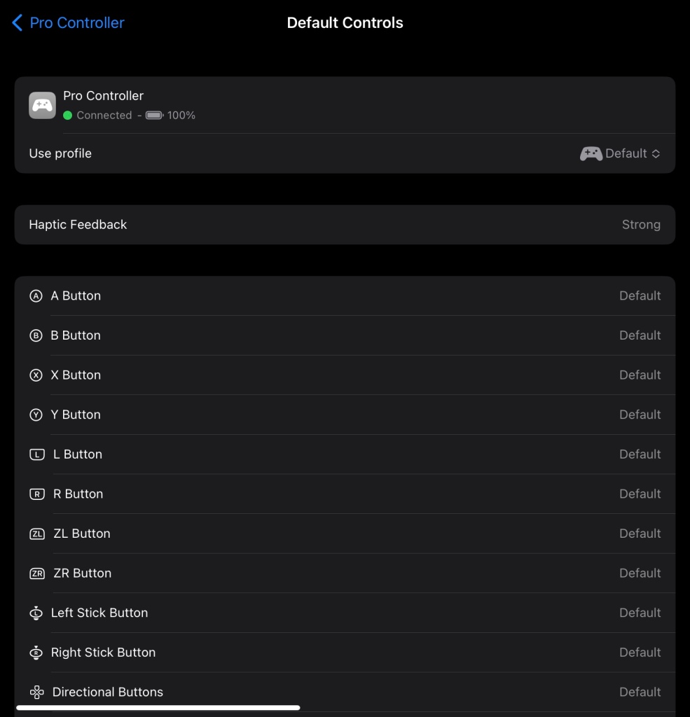 The iPad’s Profile selection and bindings screen.