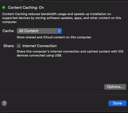 The Content Caching Screen on Ventura